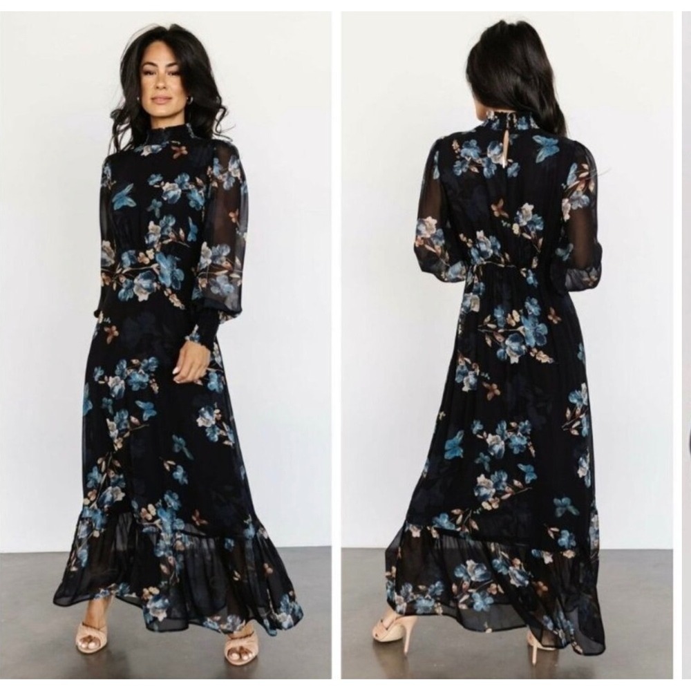 Baltic Born Size Medium Luciana Black Floral Mock Neck Puff Sleeve Maxi Dress